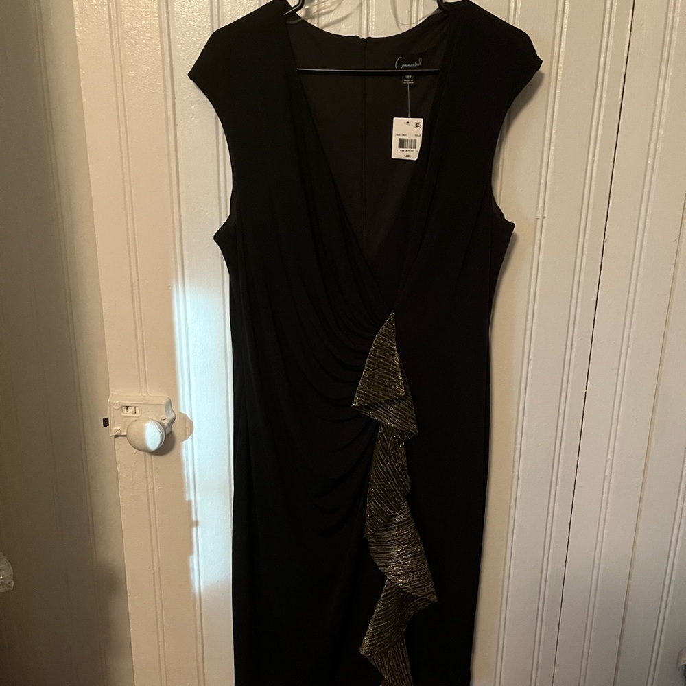 Connected Apparel Plus Size Metallic Ruffle Wrap Dress Black/Gold Size 14W
